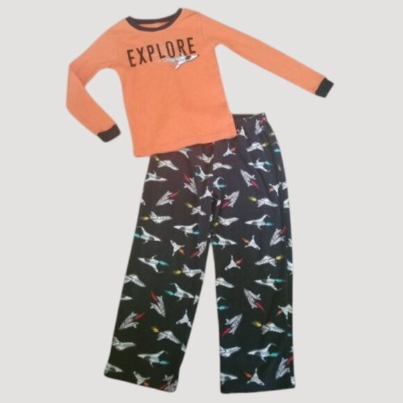 CARTER’S Orange and Black Thermal Fleece Spaceship Print Pajamas Boys Size 7 * - Picture 1 of 3